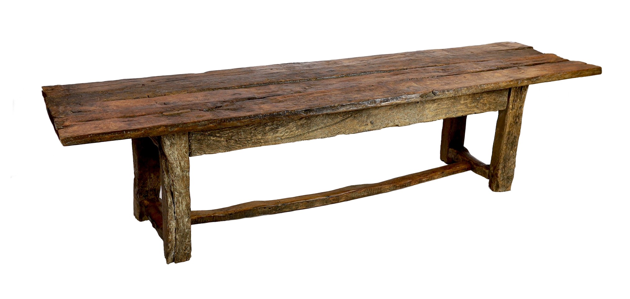 A rustic oak four plank top refectory table, length 320cm, width 78cm, height 78.5cm